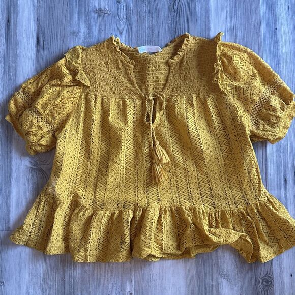 Anthropologie MNG Yellow Eyelet Short Sleeve Cotton Blend Peplum Blouse Size s - Picture 1 of 9